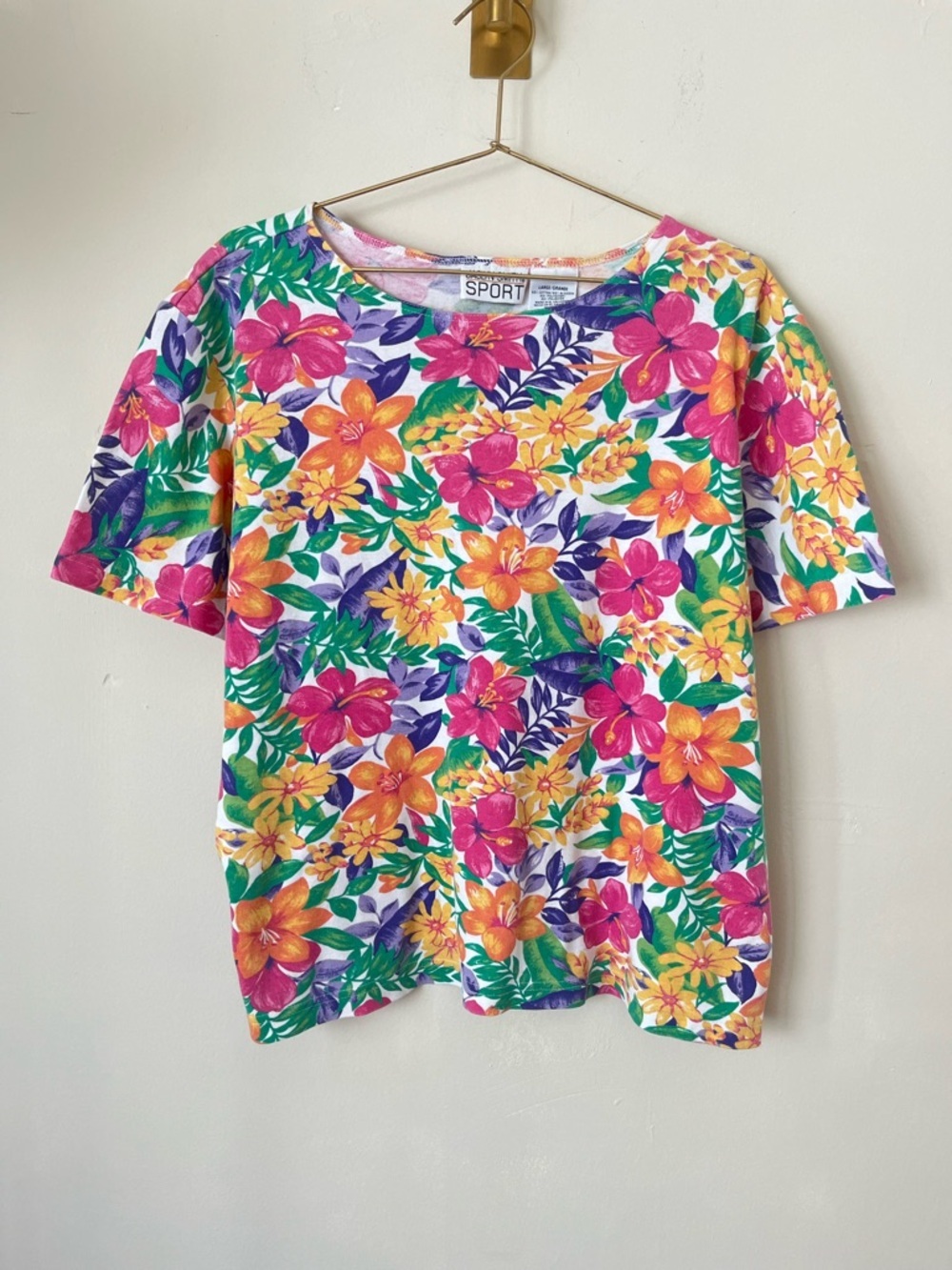 Jaclyn Smith VTG Tropical Floral spring colorful Short Sleeve cotton tee size L